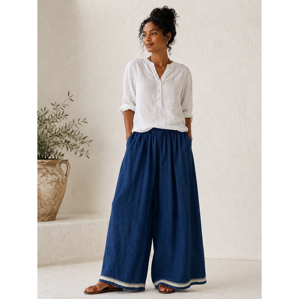 Injiri Neel-72 Wide Leg Pants Hand Dyed Indigo Blue Hand-Woven Cotton Medium NWT